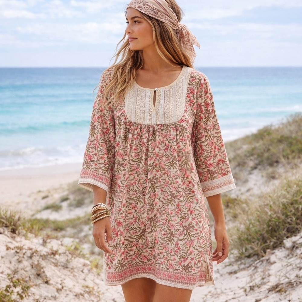 Calypso St. Barth Bohemian Coastal Beaded Floral Beach Cover-Up Tunic Dress L